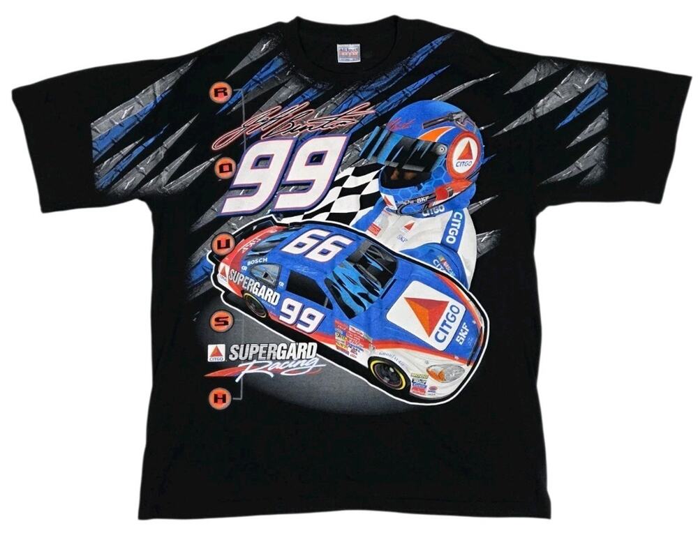 90s Jeff Burton AOP T-Shirt NASCAR Citgo Racing Streetwear Vintage Black 2XL